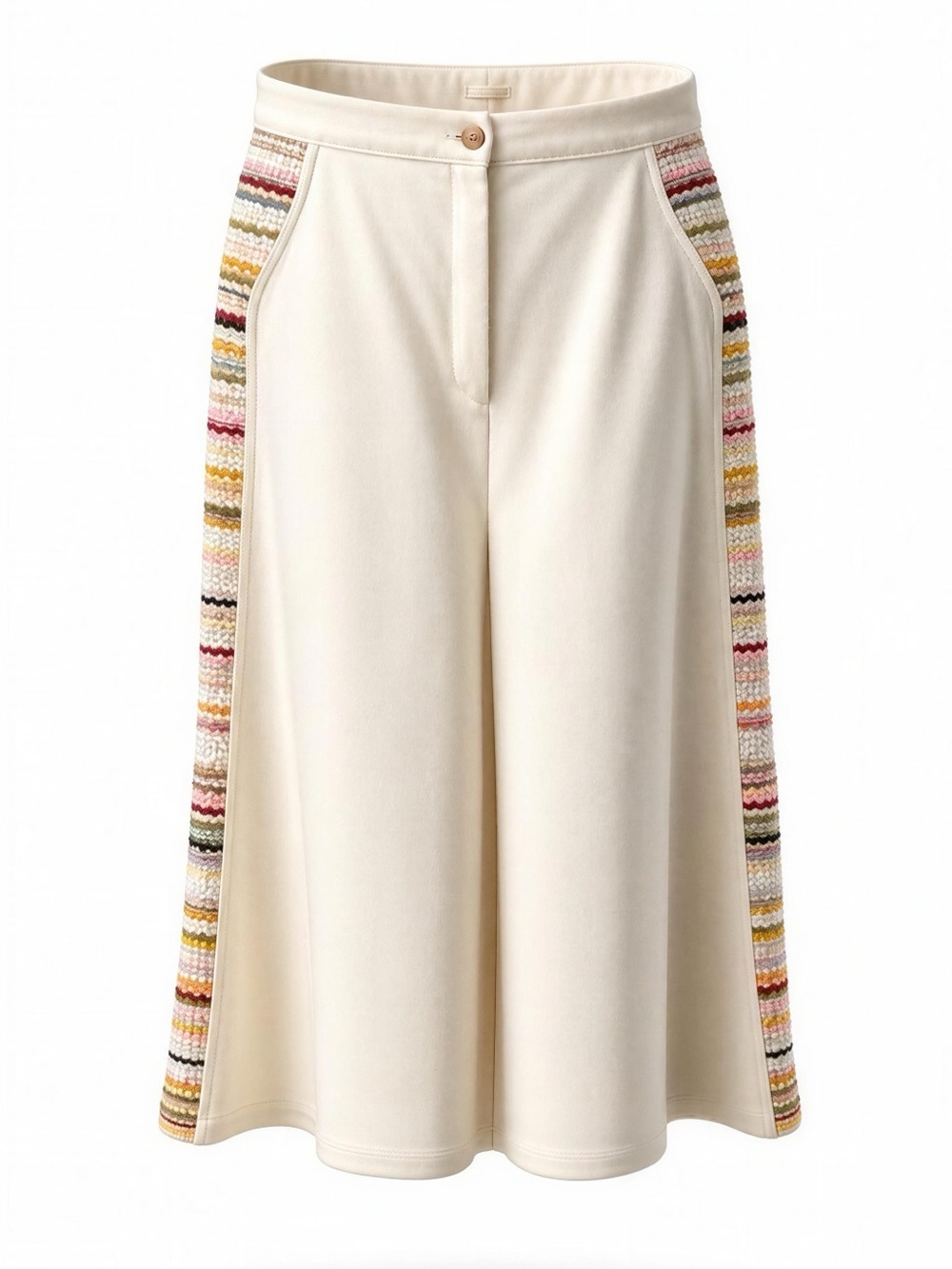 Vintage 70s Cream Knit Panel Wide Leg Culotte Pants Textured Side Stripe M